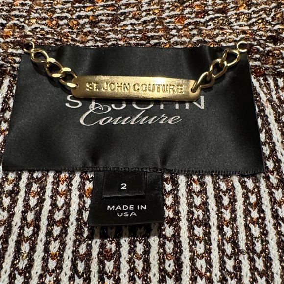 ST. JOHN COUTURE TWO PIECE SUIT SKIRT IN BRONZE GOLD WHITE METALLIC KNIT SIZE 2 - Picture 12 of 15